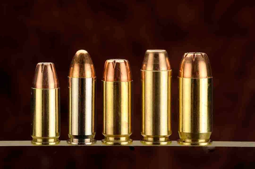 From left to right, we have some of the more popular semi-auto cartridges for handloading.   The 9mm, .38 Super, .40 S&W, 10mm Auto and the .45 ACP.